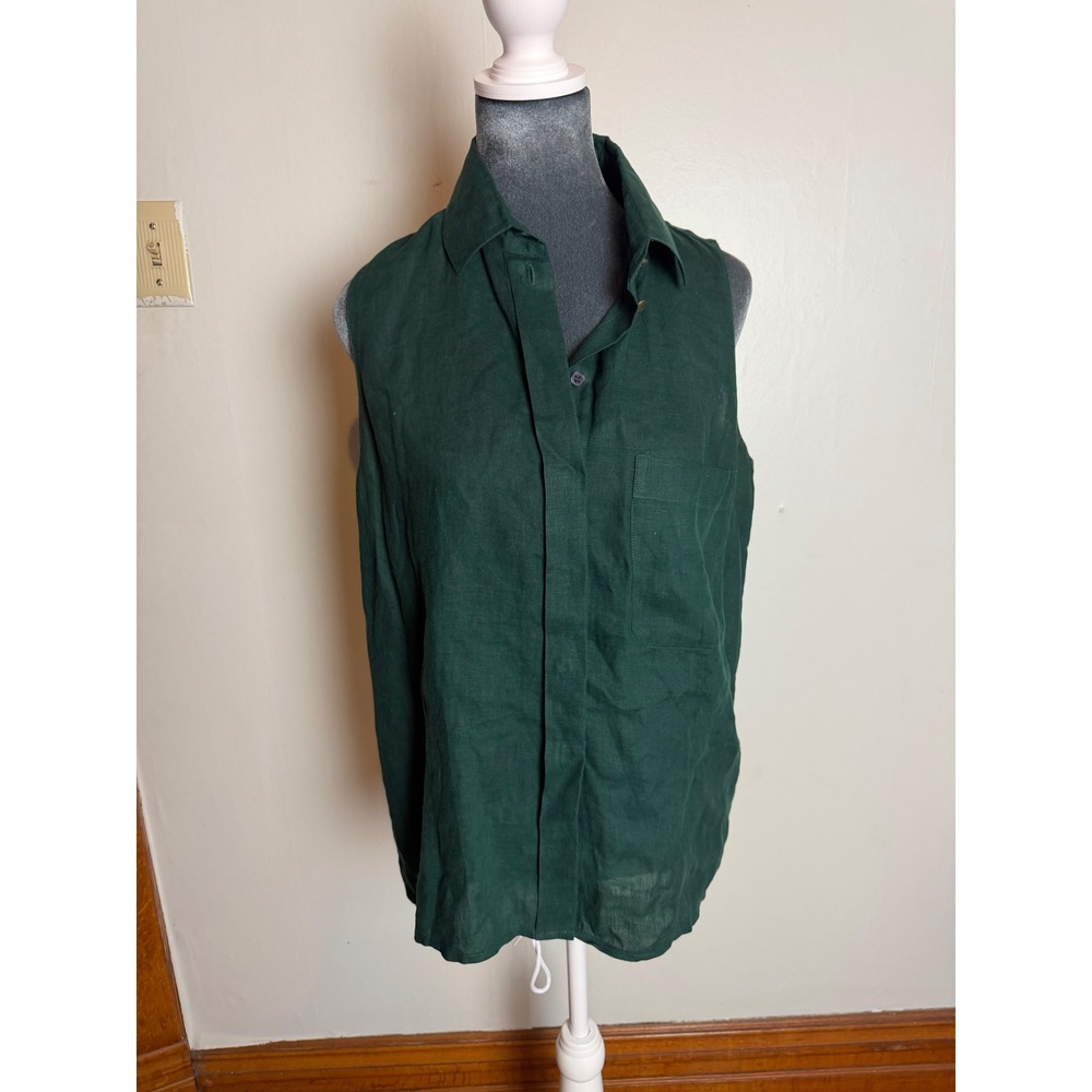 Hunter Green Linen Sleeveless Button Shirt 10 tank top Lagenlook euro summer